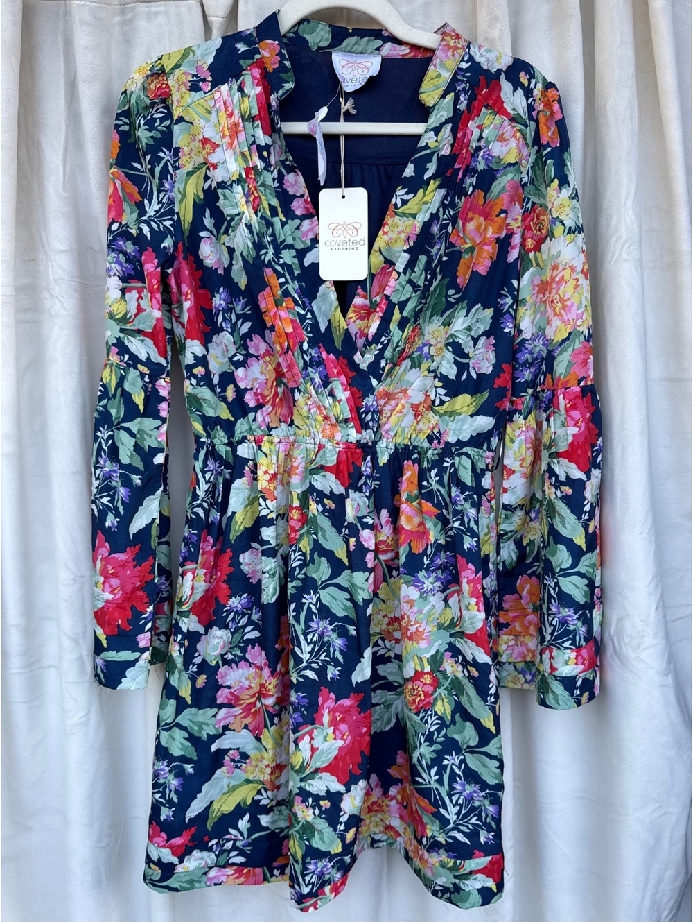 Coveted Clothing Floral Long Sleeve Dress with V-Neck and Elastic Waist